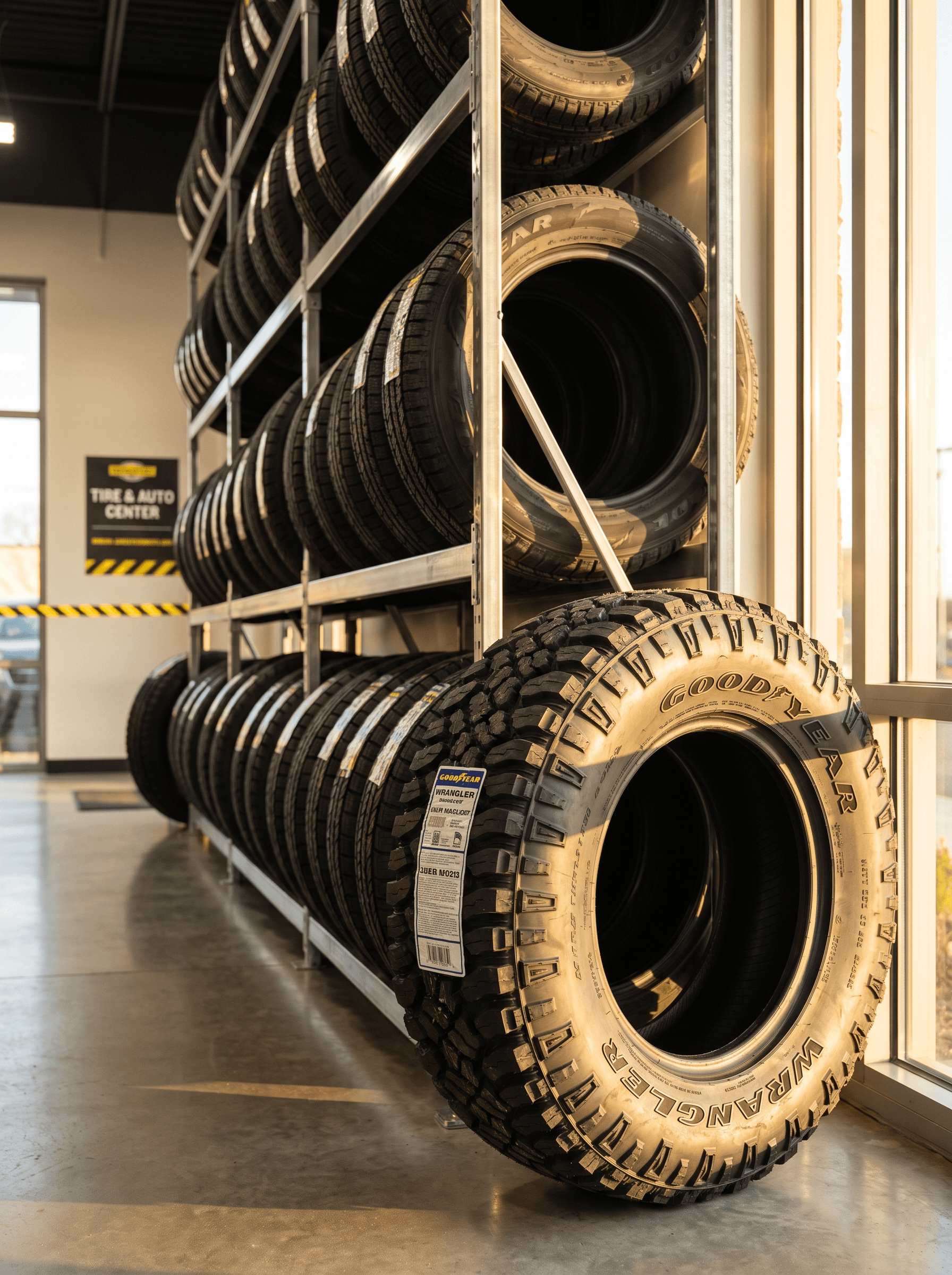 A wall of new tires in stock at Tires Plus University Parkway in Sarasota
