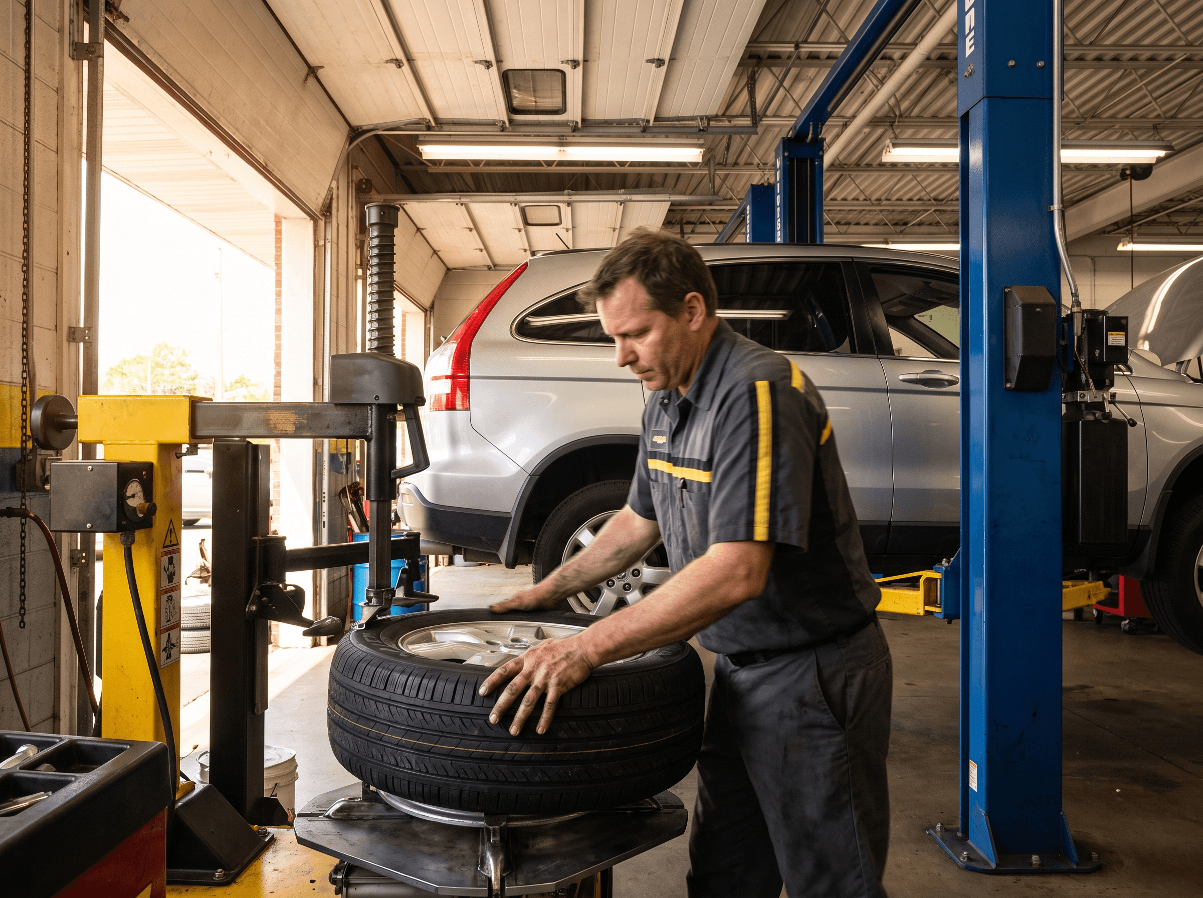 An ASE-certified technician installing new tires