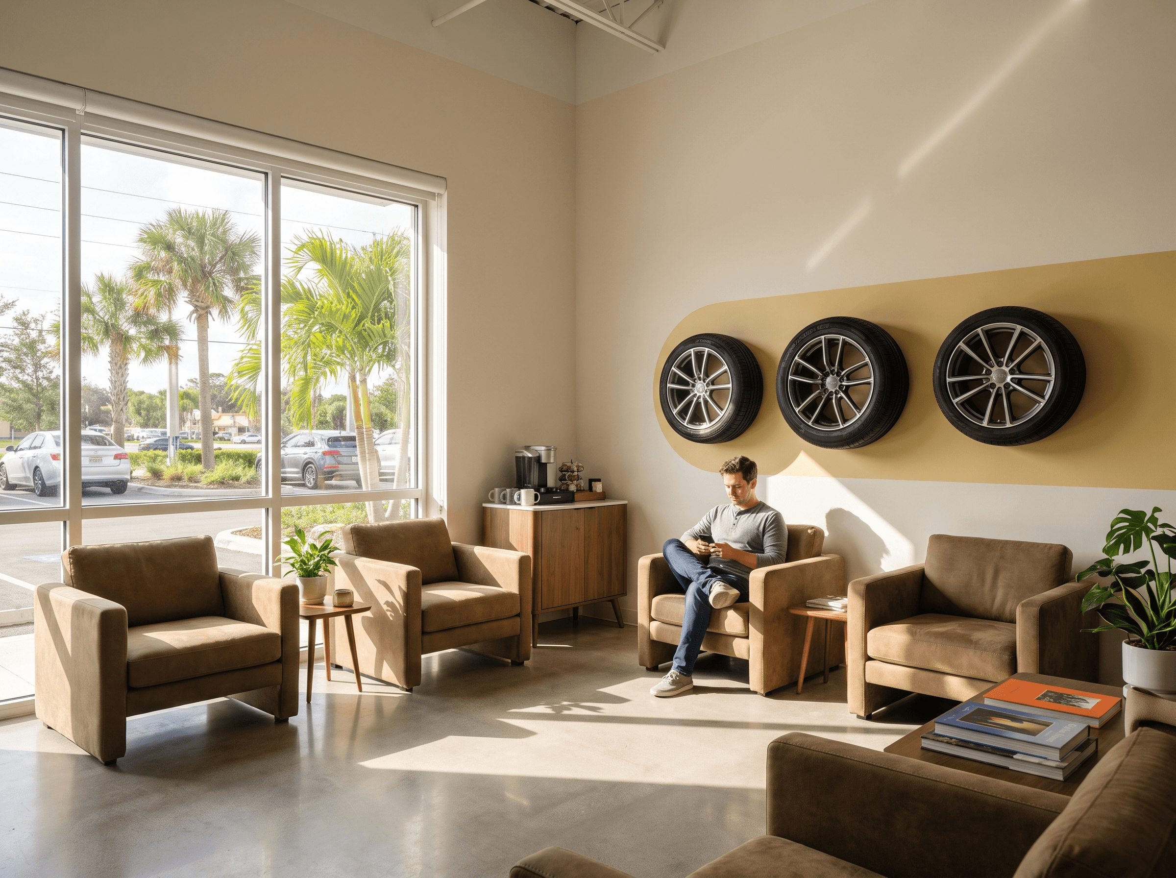 The clean, comfortable customer waiting area